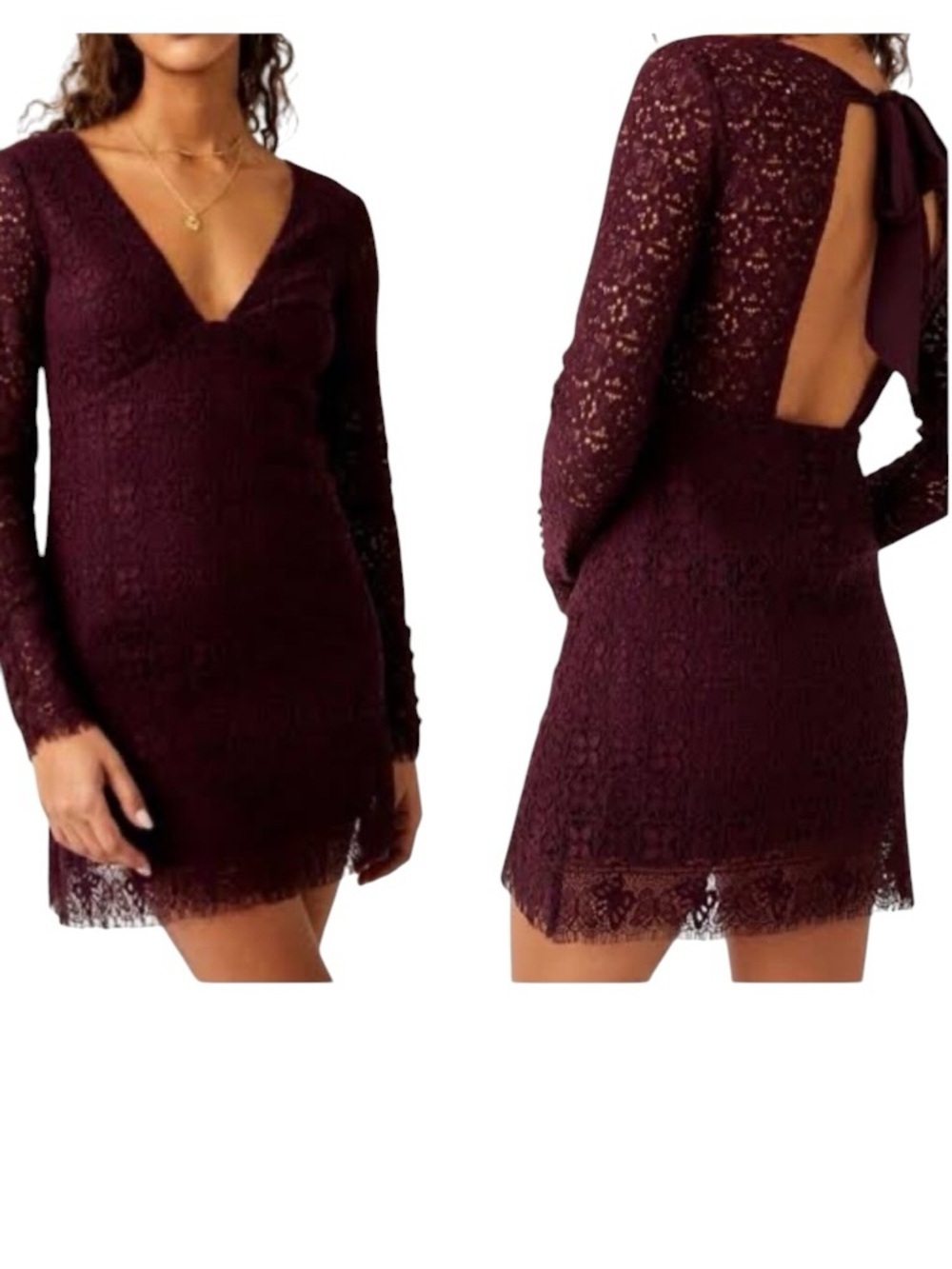Free People Women’s Burgundy Lace Long Sleeve V-Neck Mini Dress New size 2